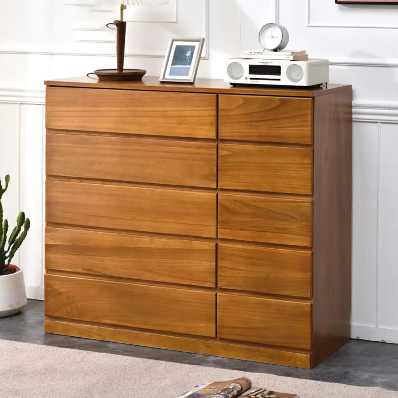 Modern Natural Wooden Double Dresser with 5-Drawers