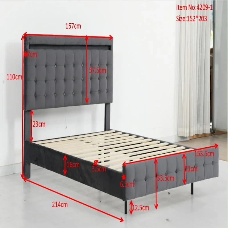 Floating Bed Frame Queen Size with LED Lights, Upholstered Headboard and Footboard Platform Bed