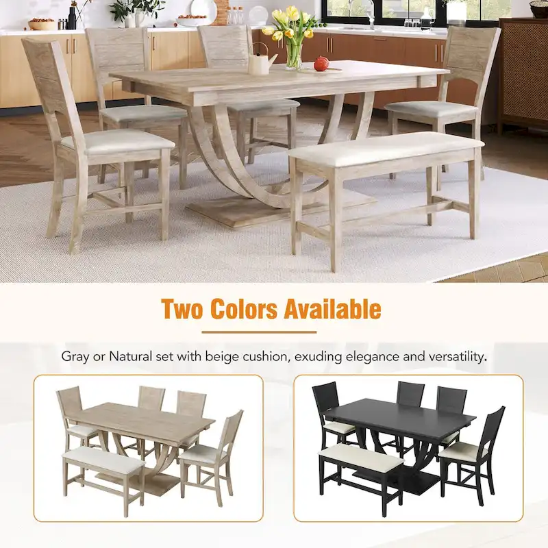 6-Piece Wood Half Round Dining Table Set Kitchen Table Set with Long Bench and 4 Dining Chairs, Modern Style, Gray