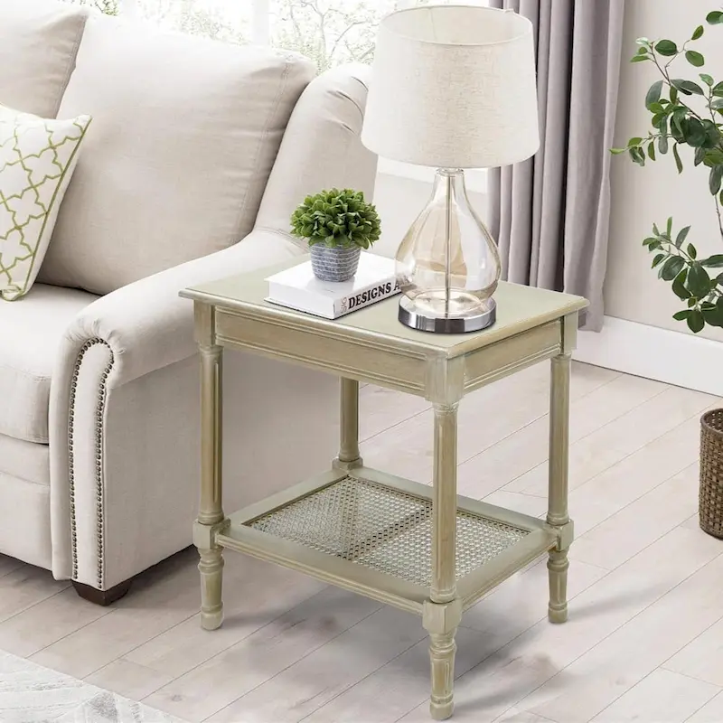 Copper Grove Reine Cream Side Table with Rattan Shelf