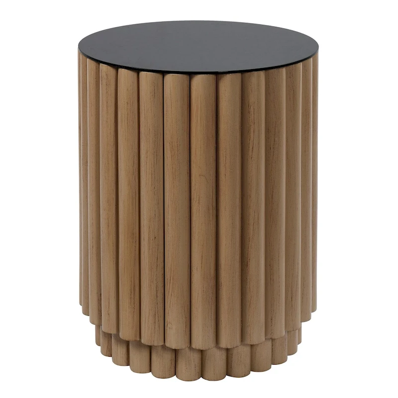 Fluted Barrel - Natural Side Table - Black Glass Table Top