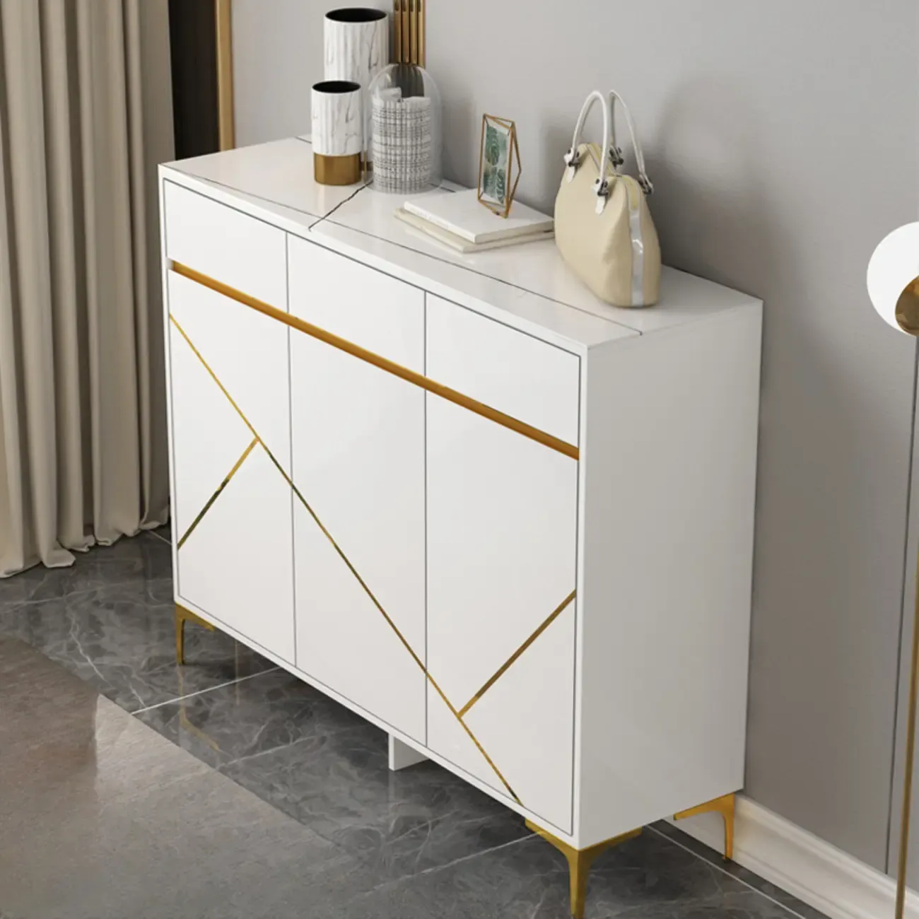 Trendy Gray Wood Shoe Cabinet with Drawers & Display Top