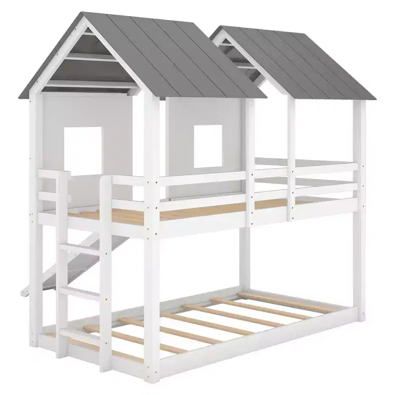 Whisen Twin over Twin House Bunk Bed with Slide and Windows - White