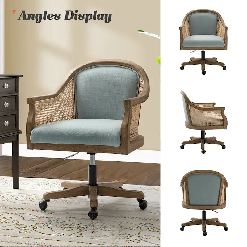 Farmhouse-Style Rattan Office Chair — 360° Swivel, Adjustable Height, Rubberwood Construction