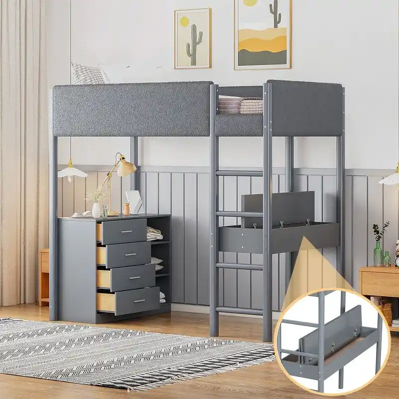 Twin Size Teddy Fleece Loft Bed Wood Bed