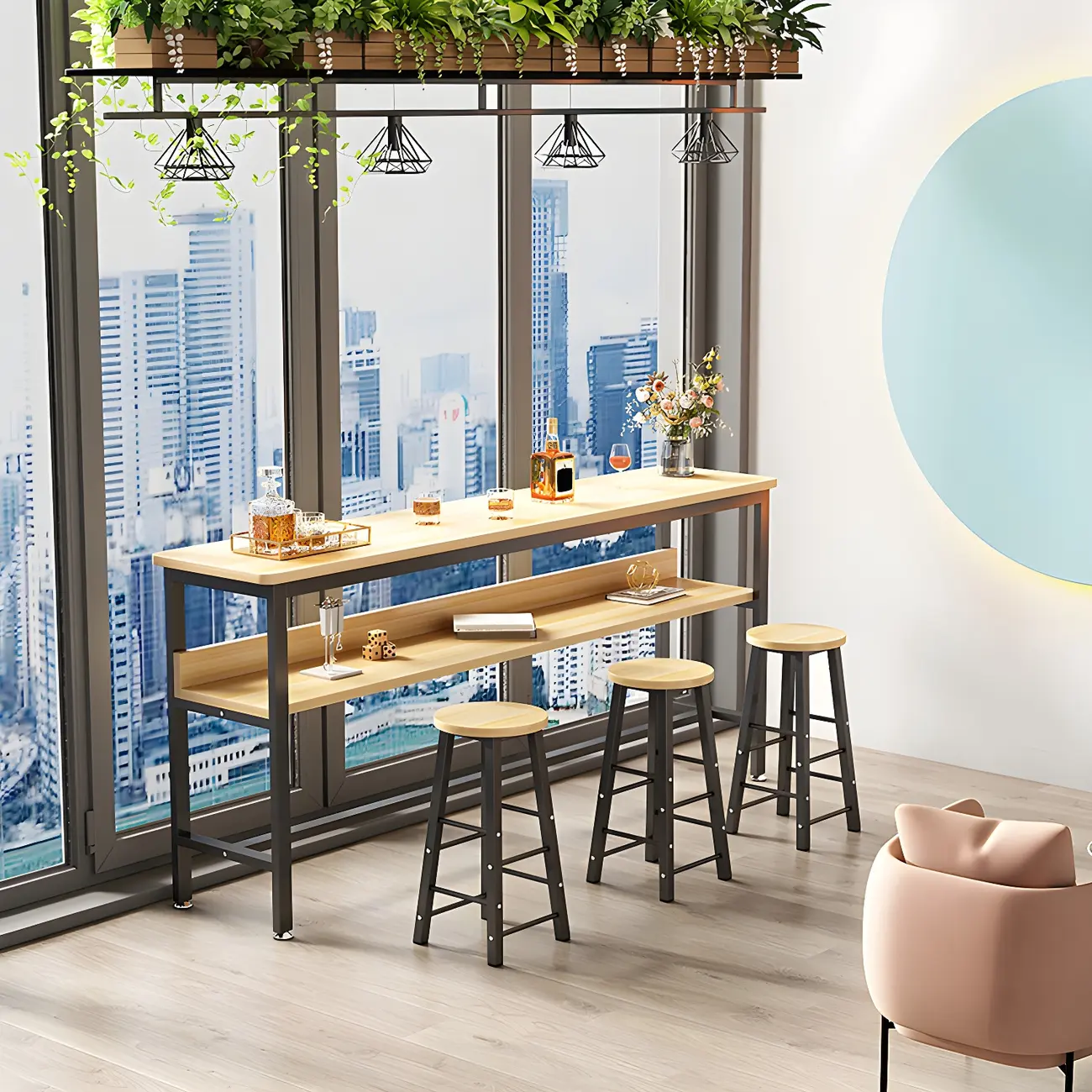 Modern Wooden Metal Base Shelf Bar Table with Footrest