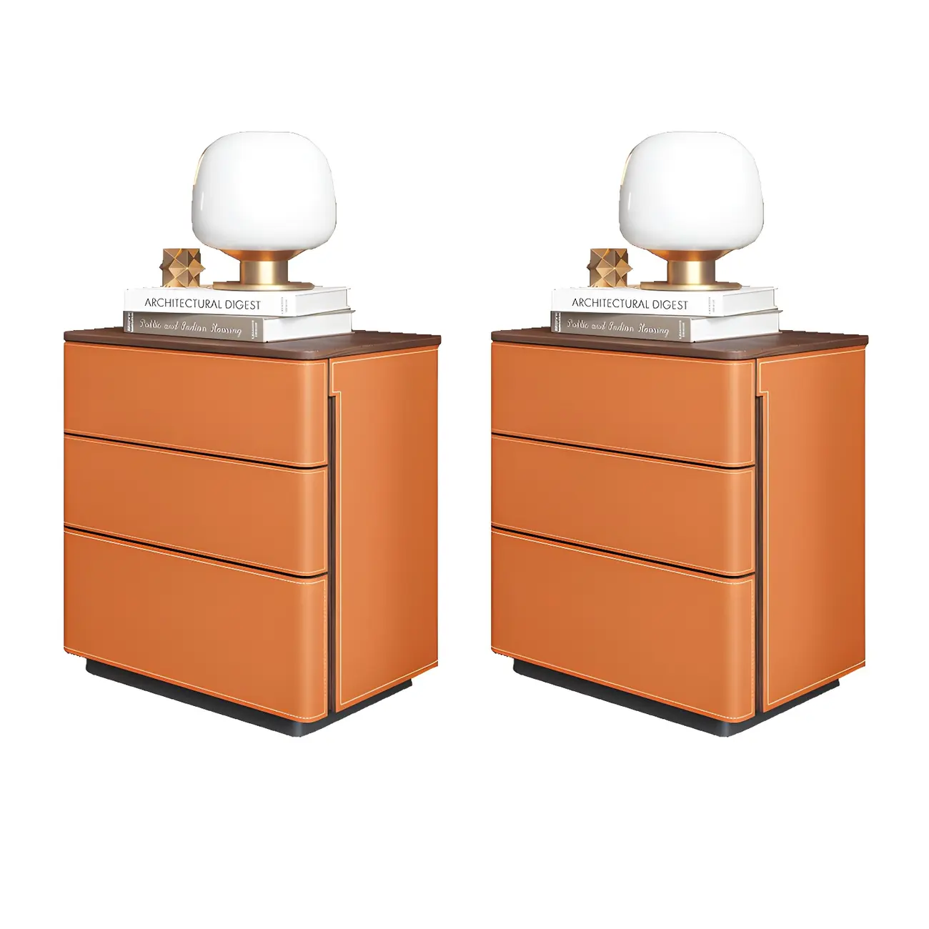 Modern Faux Leather Wood Top Drawers Nightstand