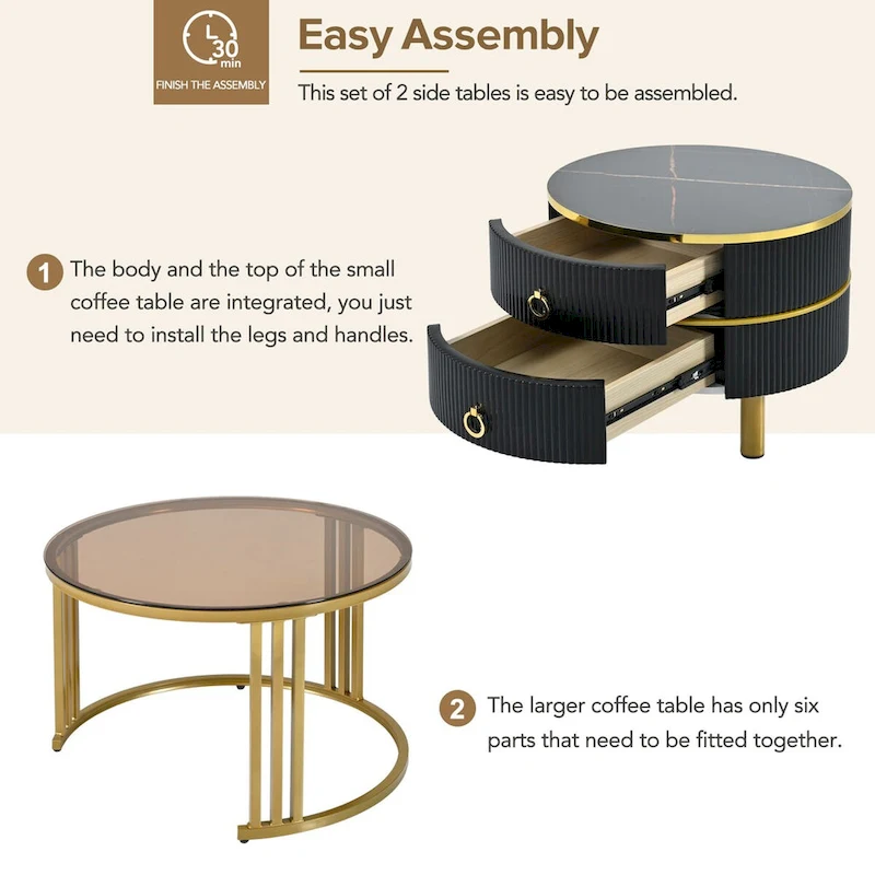 Stackable Round Coffee Table with 2 Drawers, Modern Nesting Tables