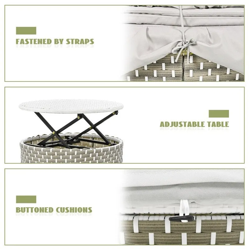 Round Patio Sectional Sofa Set  Two-Tone Rattan Daybed with Retractable Canopy & Modular Seating