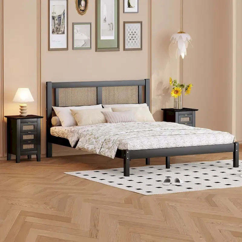 3-Pieces Bedroom Set Queen Size Wooden Platform Bed with Rattan Headboard, 2 Rattan Nightstands Surfaces & 3 Drawers, Black