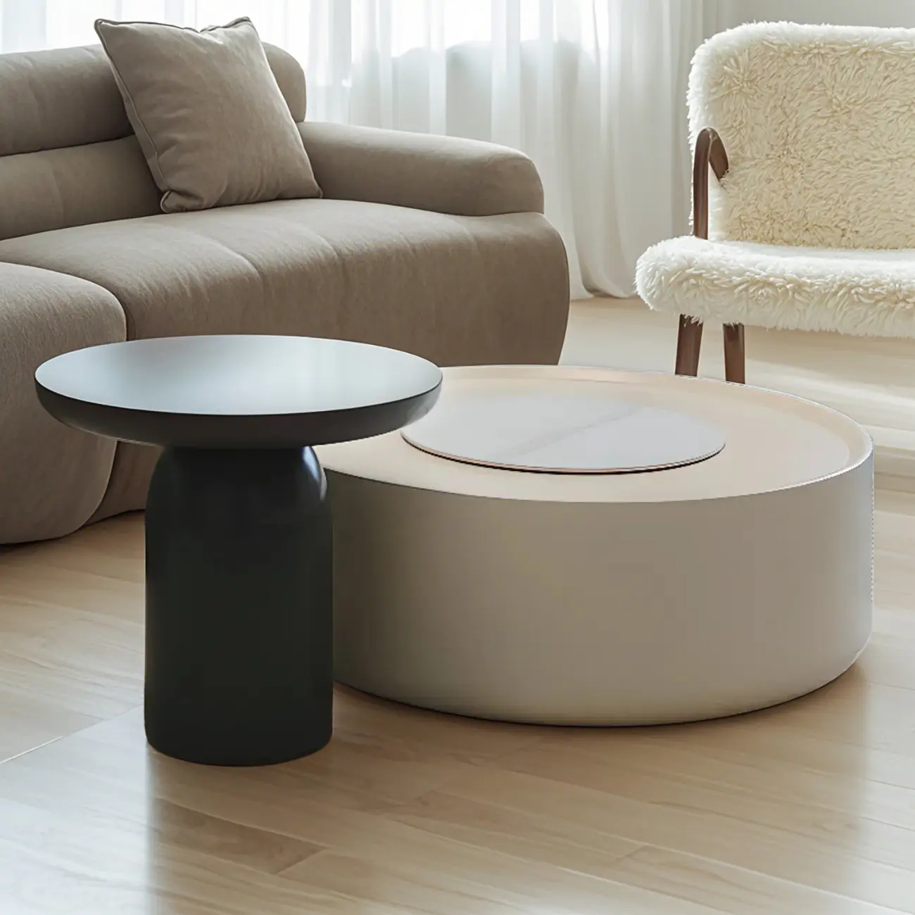 Modern White Round Coffee Table with Wood Base & Tray Top
