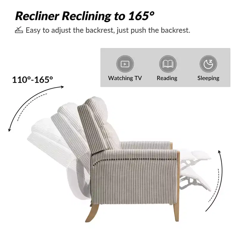 Upholstered Push Back Recliner, Set of 2 — Beige / Blue / Grey / Stripe