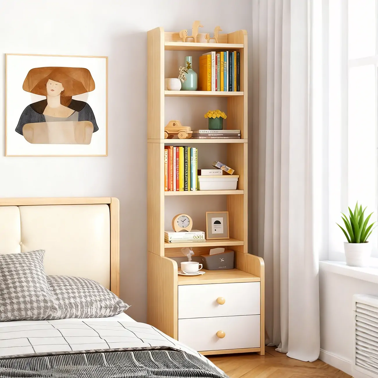 Modern Tall Wood Spacious Shelves 2-Drawer Nightstand