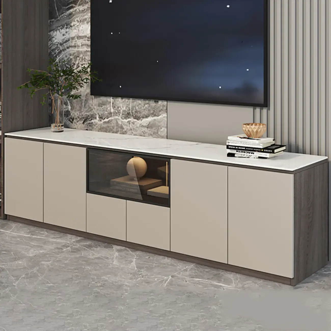 94 Dark Gray Stone Long Cabinet TV Stand with LED Lights