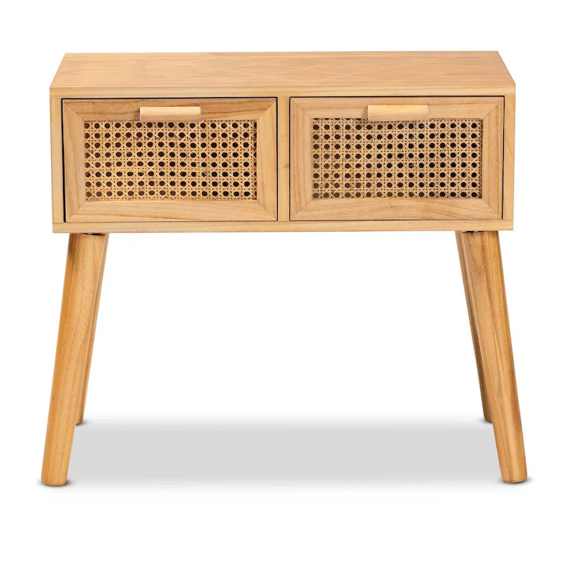 Falan Mid-Century Modern 2-Drawer Wood Console Table with Rattan-Oak