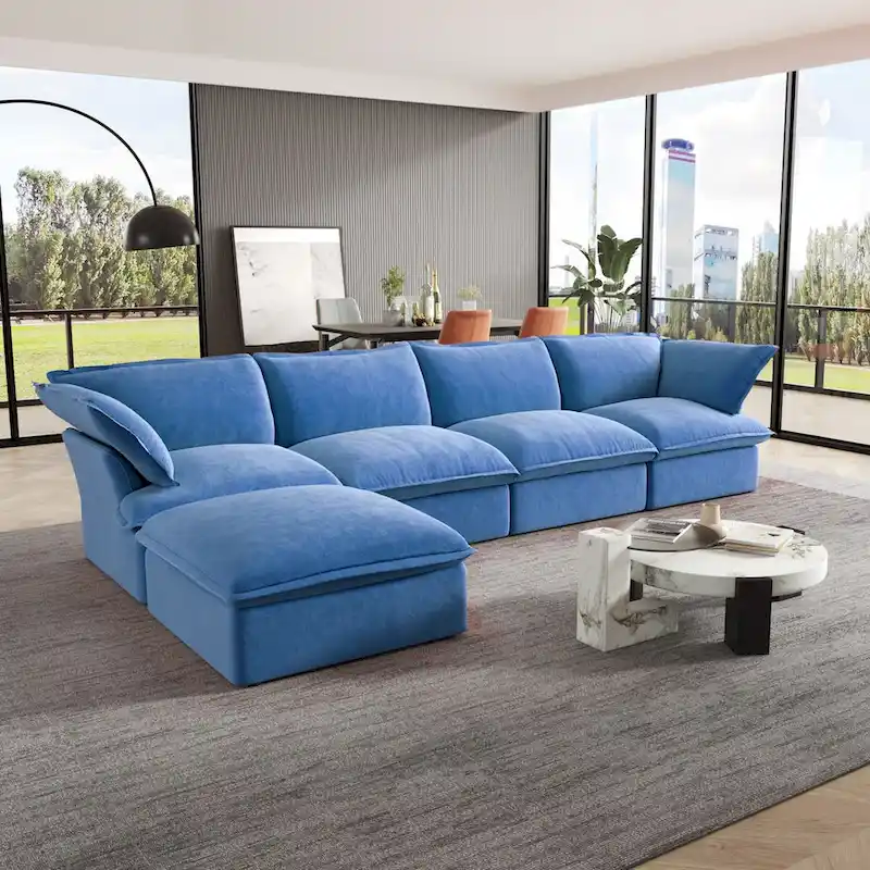Cloud Sectional Sofa, 5-Seater Down Feather Modular Sofa L-shaped Velvet Wide Deep Seat Convertible Couch.