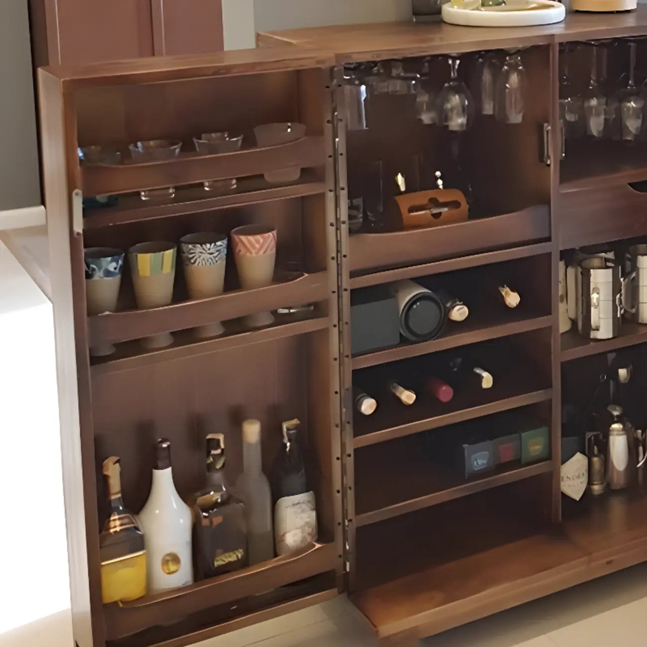 Solid Wood Farmhouse Brown Bar Cabinet Wine Rack