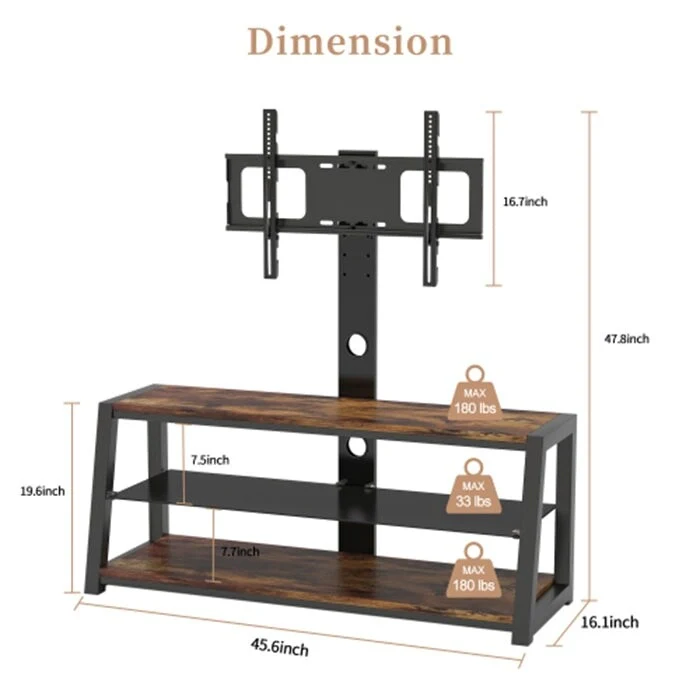 Wooden Tv Stand with Black Tempered Glass Adjustable Swivel Entertainment Center With Mount TV Stand