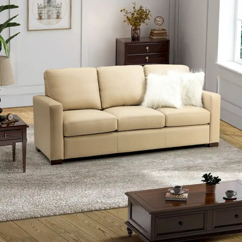 Ernando 83.46 Wide Genuine Leather Sofa with Squared Arms and Pillows