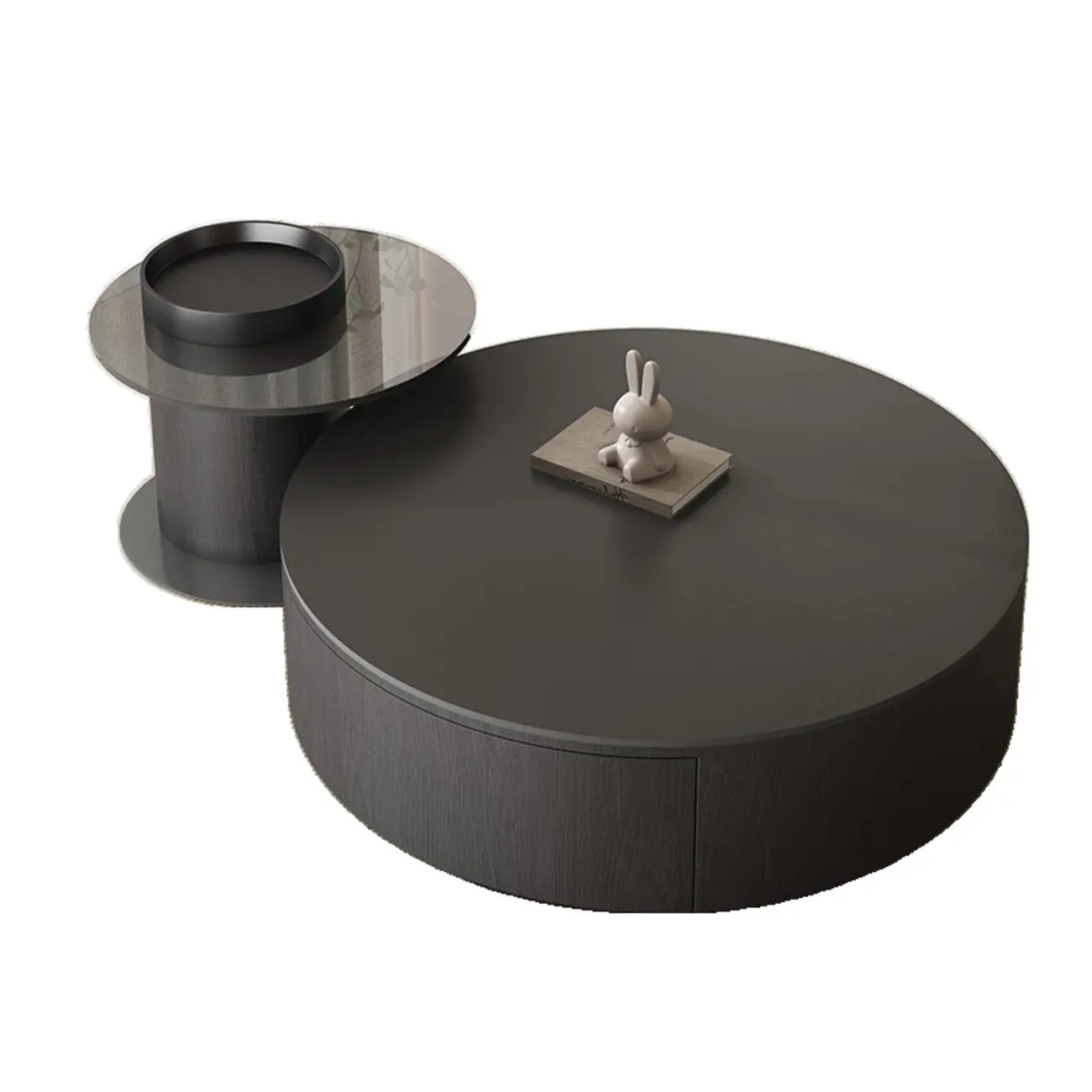 Black Modern Sleek Nesting Round Wood Drawer Coffee Table