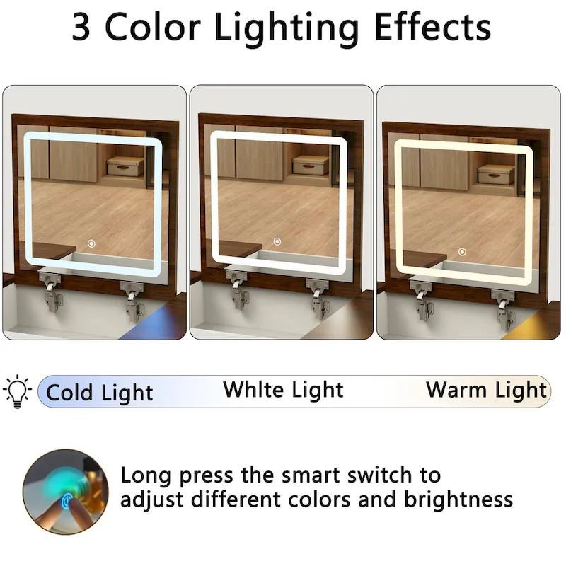 Vanity Desk with Dimmable LED Light, Makeup Table with Flip-Up Mirror, Vanity Table Set Including Stool and Drawers