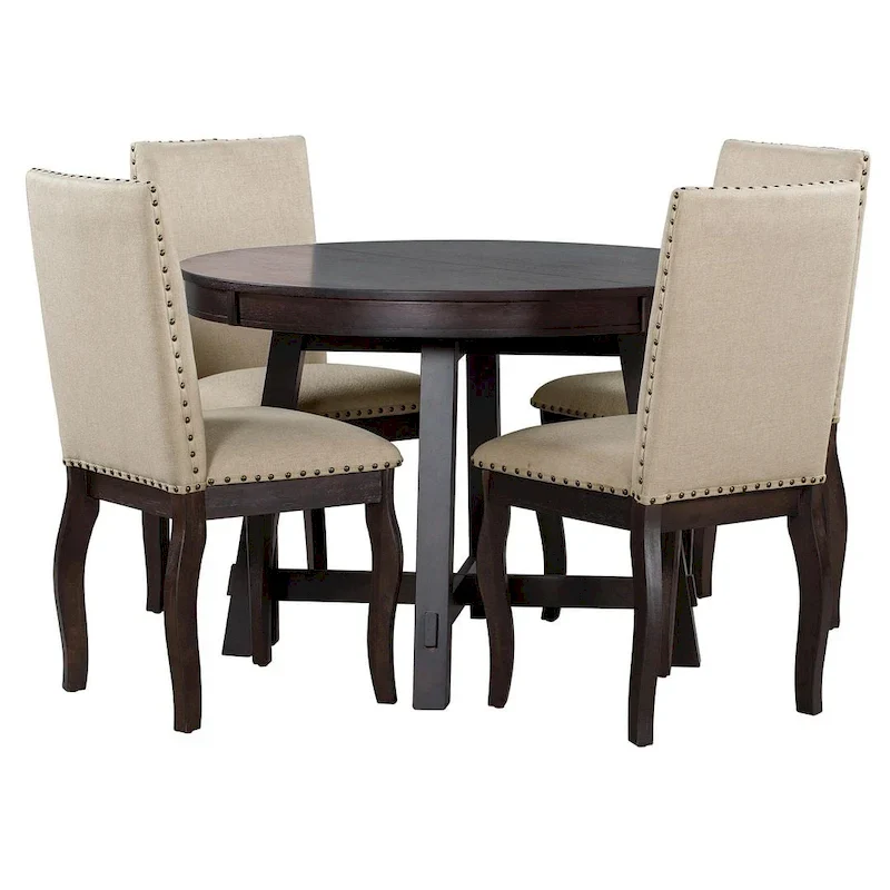 Wooden Round Drop Leaf Extendable Dining Table Set with 4 Upholstered Chairs