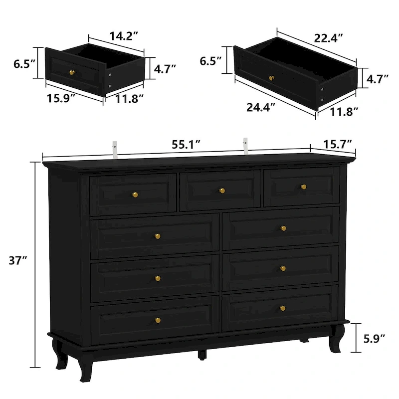 9-Drawer Dresser with Solid Wood Legs Chest Of Drawers Lacquer Console