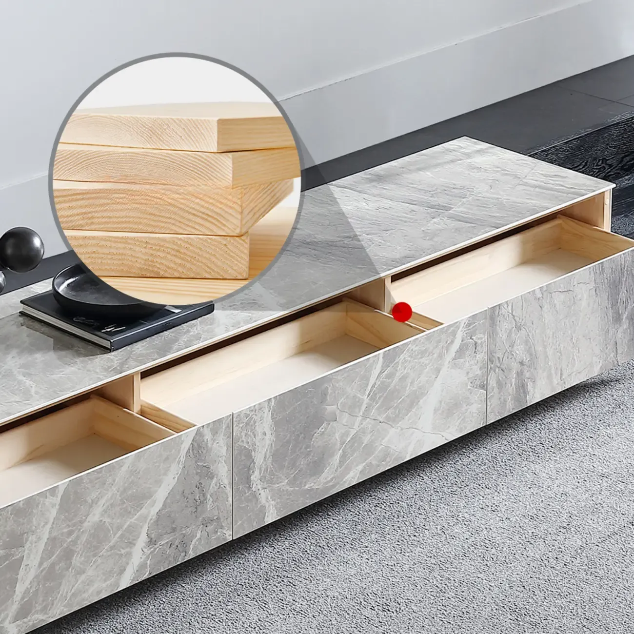 71 Elegant Grey Stone Rectangle TV Stand with 3 Drawers