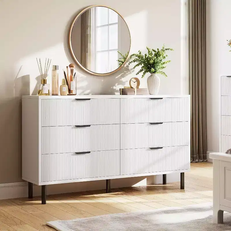 White & Wood Grain Fluted 6-Drawer Dresser with Metal Feet, Anti-Tip Design
