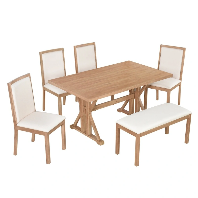 6-Piece Farmhouse Dining Table Set with 4 Upholstered Chairs and Bench