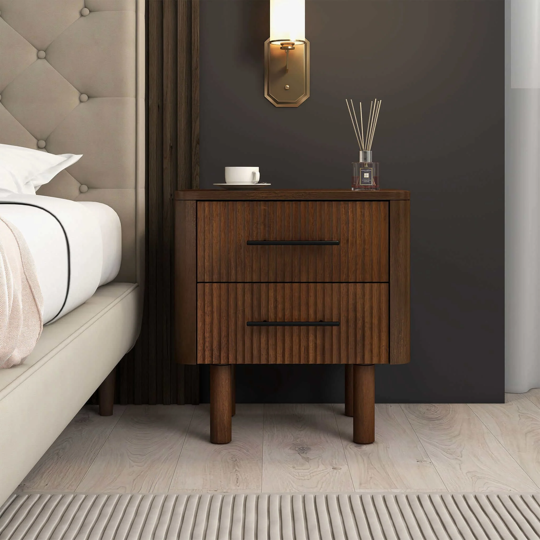 Logan Mid Century Modern Reeded Nightstand with 2 Drawers