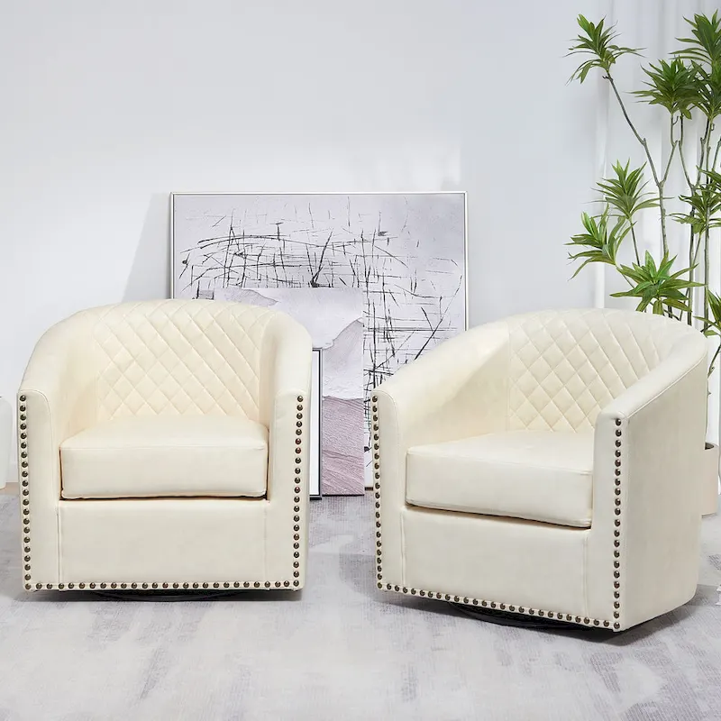 KINWELL 29 Wide Tufted PU Leather Swivel Barrel Chair (Set of 2)