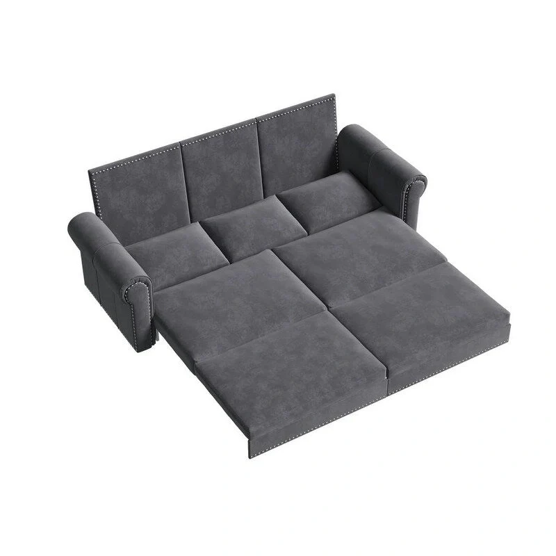 3-in-1 King Pull Out Sofa Bed Chesterfield Sofa, Velvet/Faux Leather Convertible Sleeper Sofa with Nailhead Trim & Rolled Arm