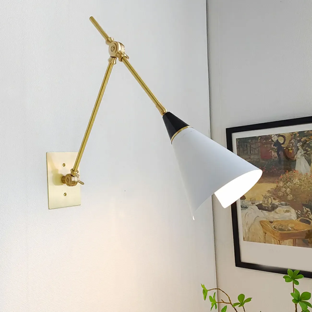Gold Metal Modern White Aluminum Shade Swing Arm Wall Light