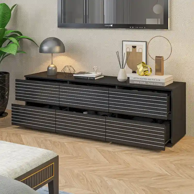 Low Profile Dresser/TV Stand - Black & White, 6 Drawers, 63W x 19.7H, Multi-Functional