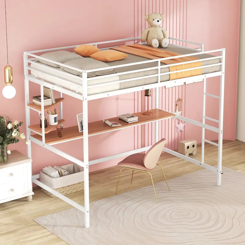 White Full Size Metal Loft Bed with Desk, Ladder & Shelf