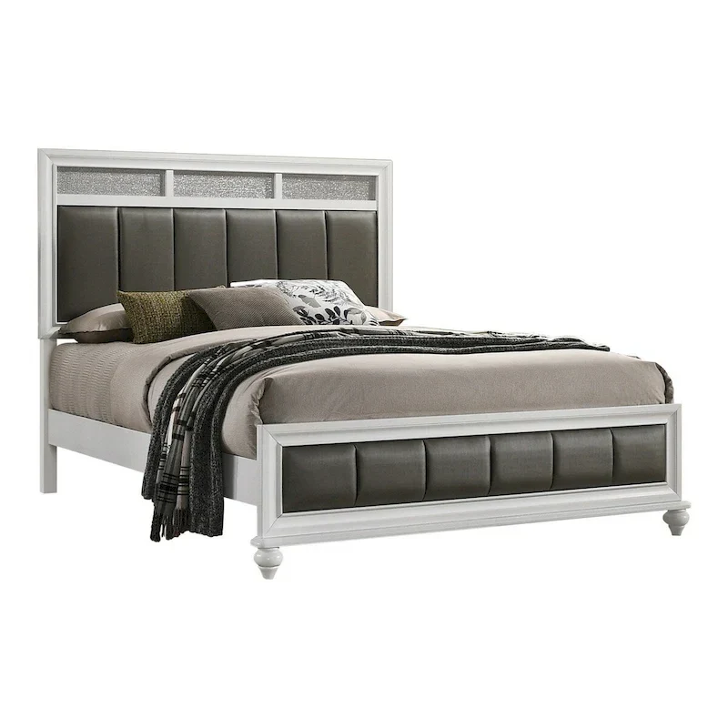 Dini Queen Panel Bed, Glitter Headboard, Channeled Metallic Gray Upholstery