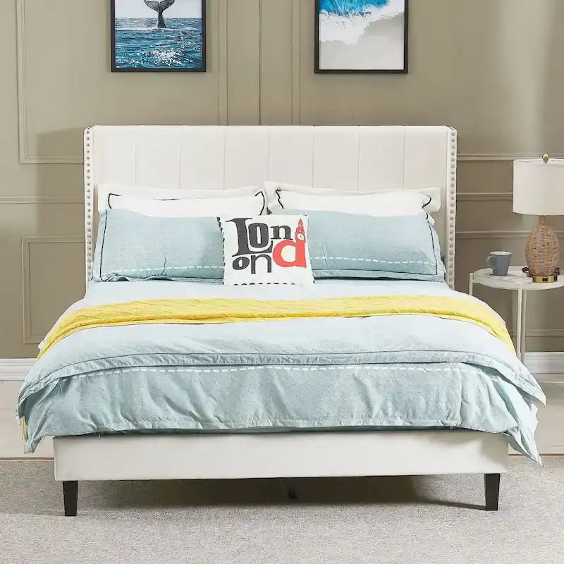 Tufted Upholstered Bed Frame — Low-Profile Velvet Platform Bed with Extended Wingback Headboard