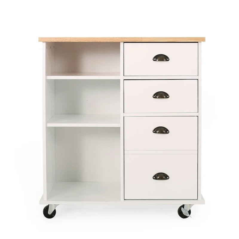 Contemporary Wood Kitchen Cart with Wheels Drawers and Cabinet