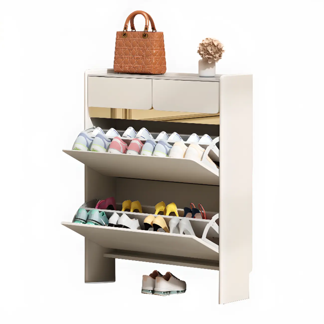 Entryway Glam White Wood Shoe Cabinet with Drawers