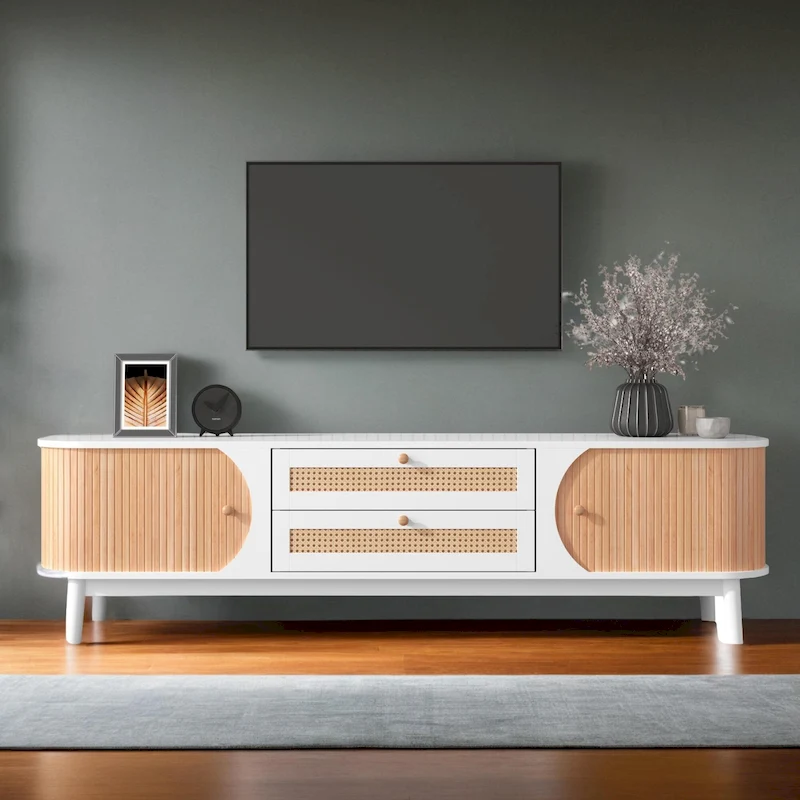 Rattan TV Stand for TVs up to 75Modern Farmhouse Media Console,Entertainment Center with Solid Wood Legs