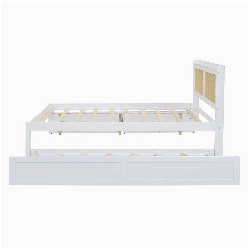 Elegant Bed Frame with Rattan Headboard and Sockets