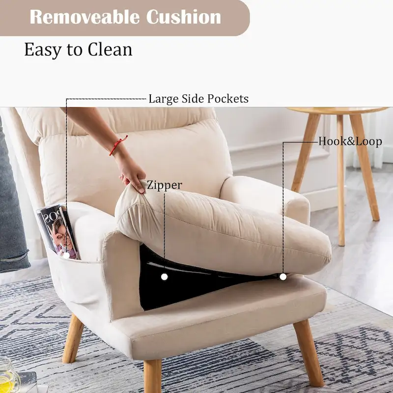 Velvet Fabric Armchair with Ottoman with Adjustable Backrest and Side Pockets