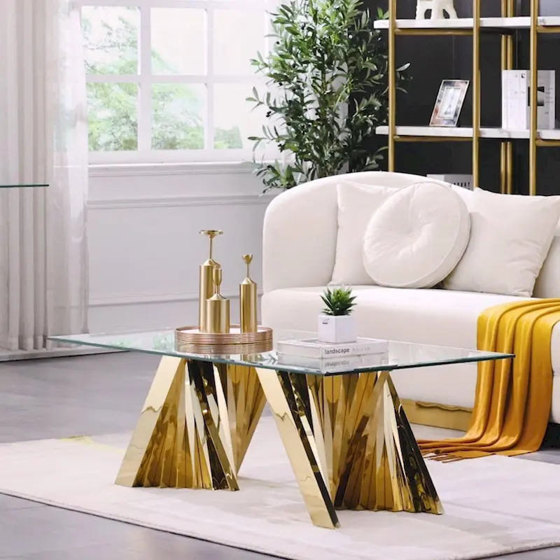 Modern Coffee Table Clear Tempered Glass Living Room Coffee Table with Geometric Base