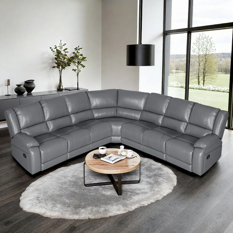 129W 7-Seat Faux Leather Manual Recliner Large Sectional Reclining Sofa