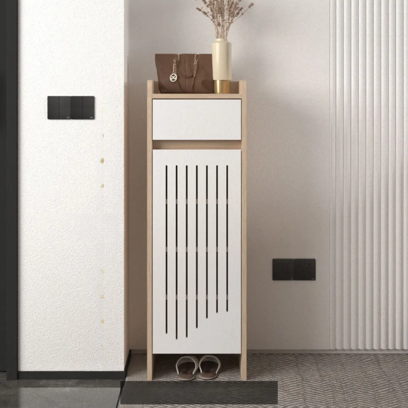 Modern Slim Wood Beige Entryway Shoe Cabinet