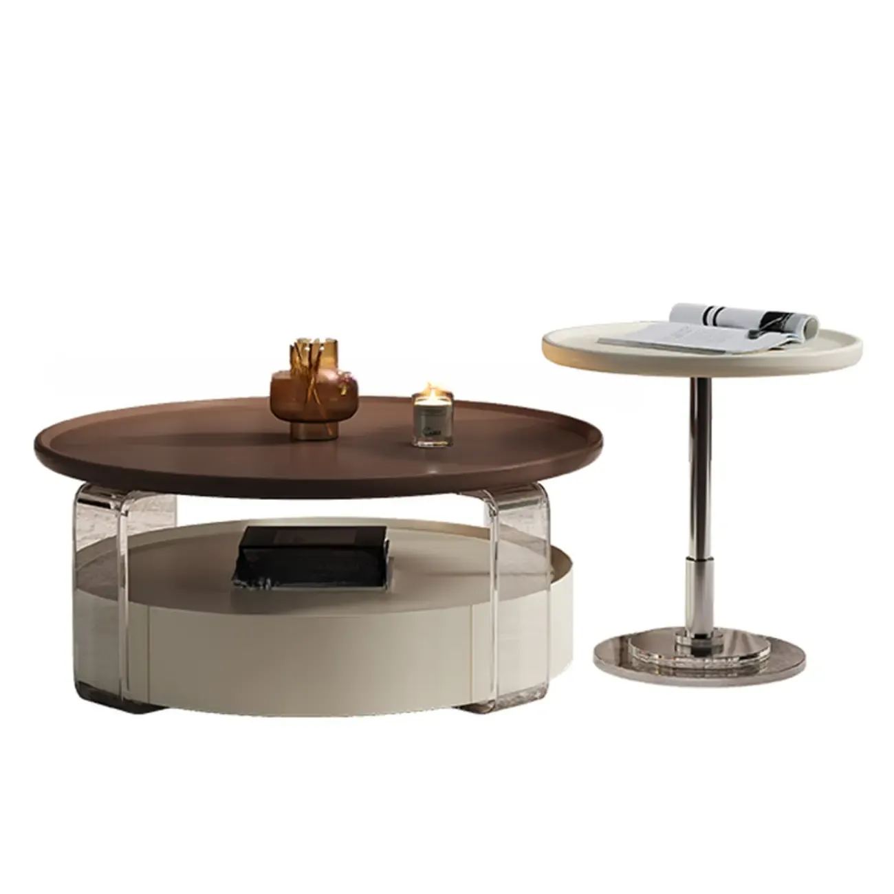 Brown Round Sleek Wooden Coffee Drawer Table