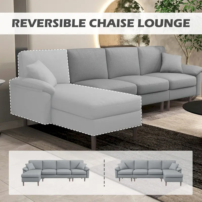 HOMCOM Fabric Sectional Couch with Reversible Sleeper Sofa, Modern L Shaped Sectional Sofa with Pillows, Wooden Legs