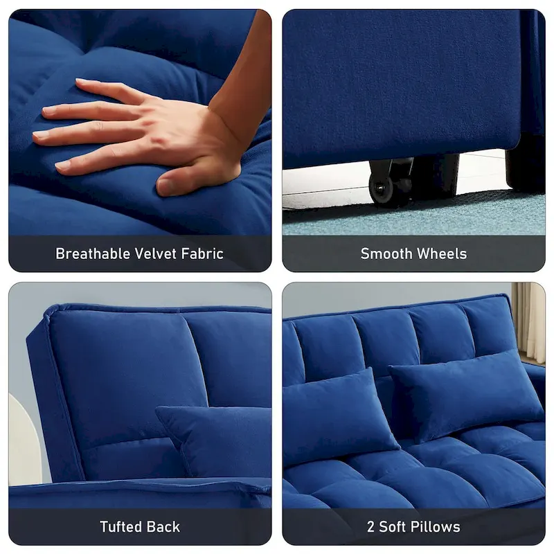 Convertible Sleeper Loveseat, 3-Position Backrest, Velvet, Foam, Side Pockets, USB, Seats 2/Twin Bed, Blue/Black/Grey
