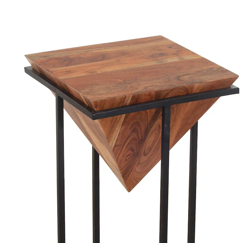26 Inch Pyramid Shape Acacia Wood Side Table With Cross Iron Base, Brown and Black